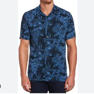 Men Cubavera Viscose Leaf Print Challis Button Shirt in Blue Size Large